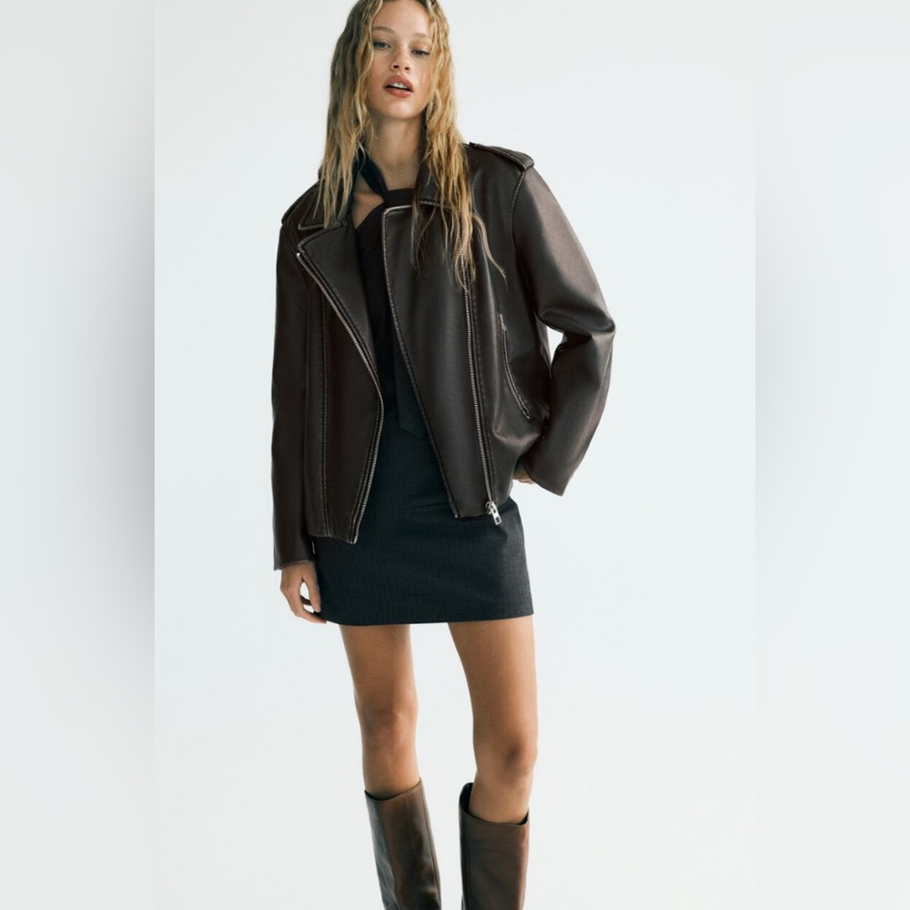 Zara FAUX LEATHER BIKER JACKET. Gray/Beige. Size XS. New with Tags. - Picture 2 of 12